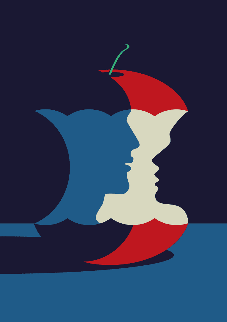 Graphic design image of an apple with a conceptual kiss in the shadows