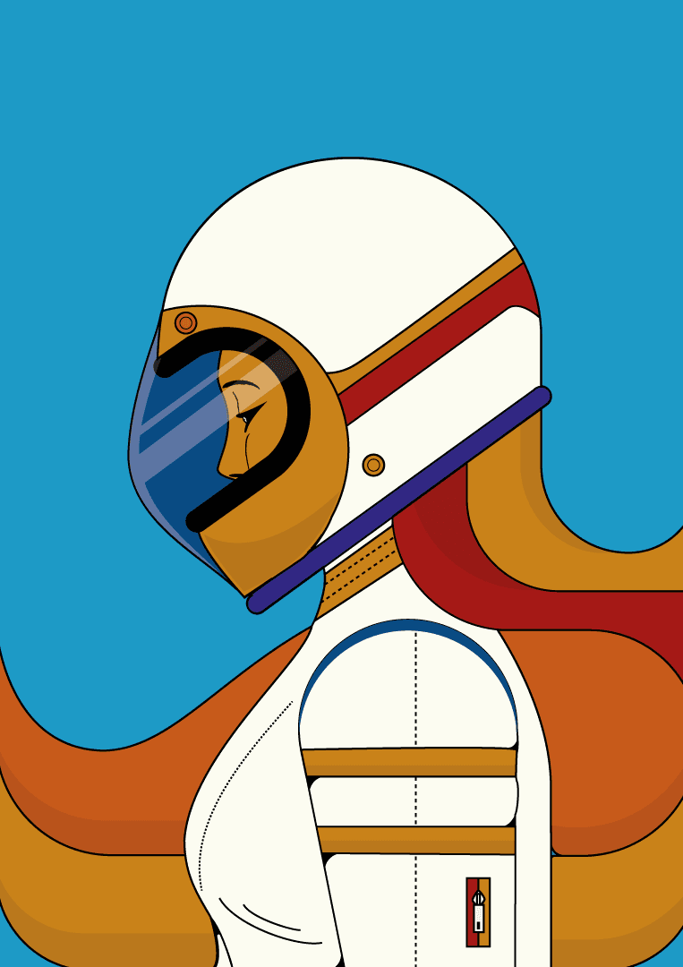 Graphic design image of a girl in a motorcycle helmet and leathers