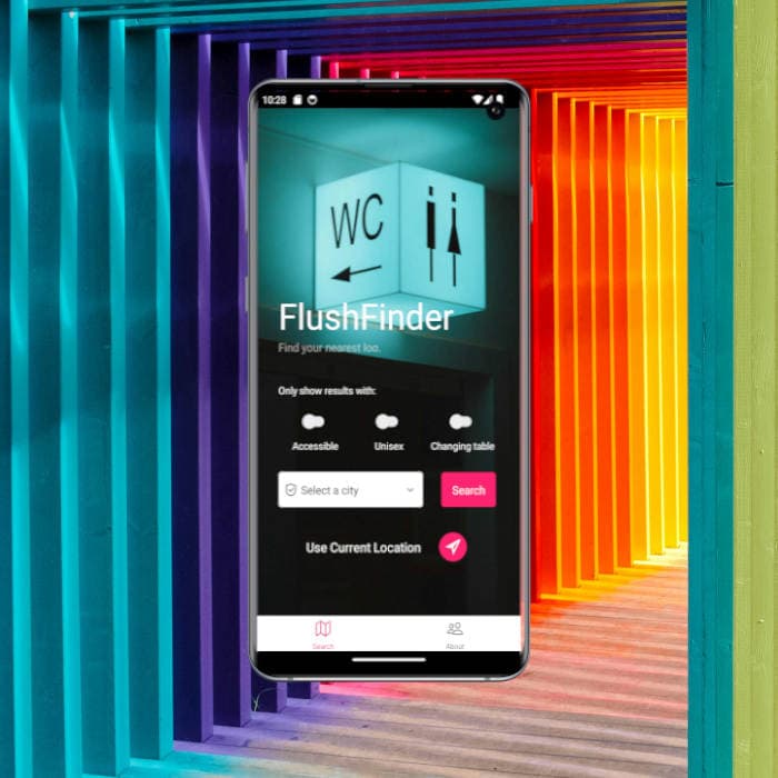 Screenshots of mobile app flush finder, an IOS and Android app to find your nearest public toilet.